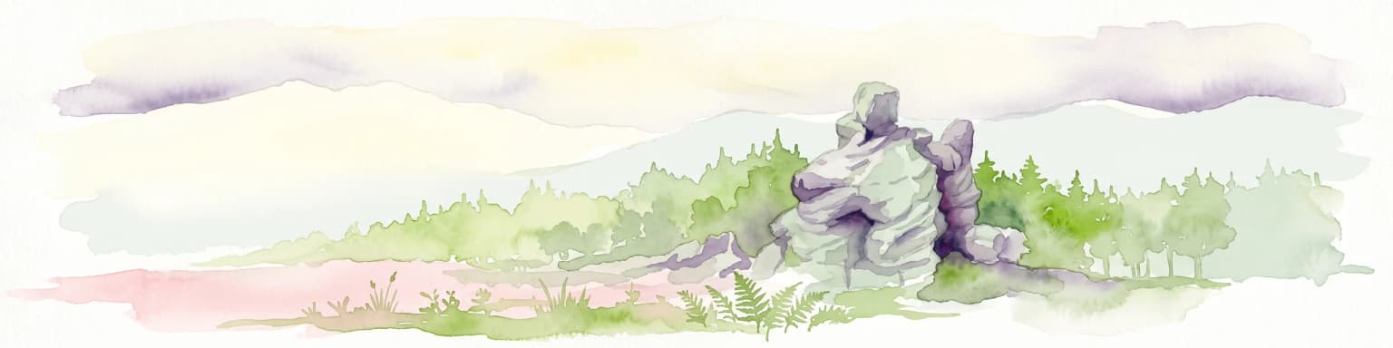 Una ilustración horizontal en acuarela que representa una prominente formación rocosa de arenisca erosionada rodeada de bosque, contra un cielo suave y luminoso.