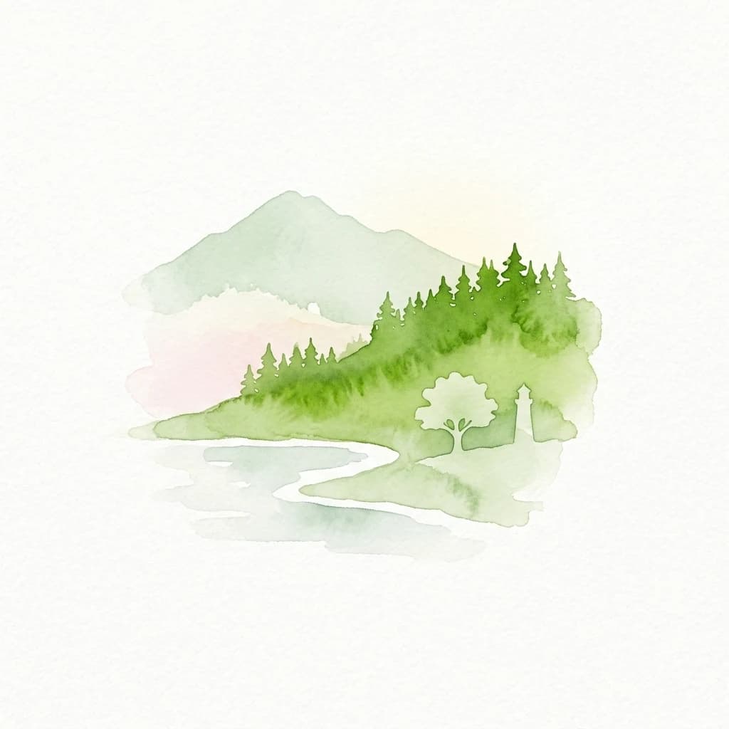 Watercolor painting showing a lake, forested hill, and distant mountains