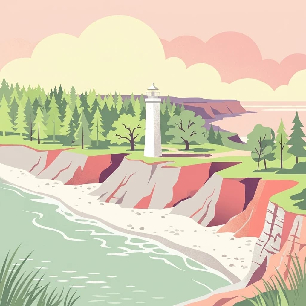 Illustration of a lighthouse on a cliff overlooking the sea with forested terrain and sandy beach