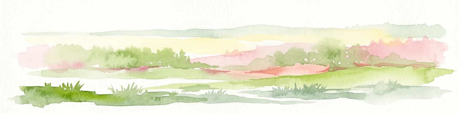 Watercolor illustration showing a coastal landscape with green vegetation in the foreground, light-colored water or sand in the middle ground, and pastel sky colors in the background