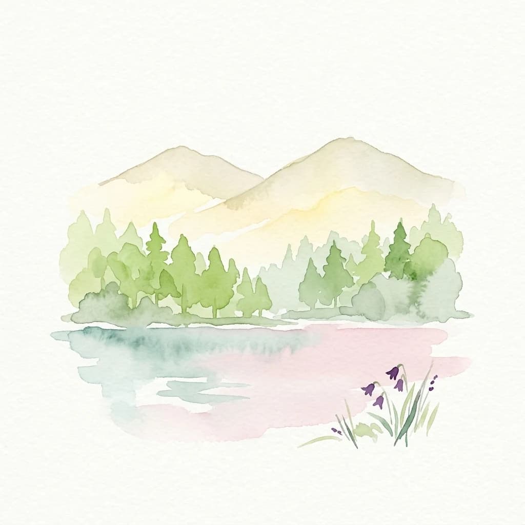 Watercolor illustration of a lake with mountains in the background, surrounded by green trees and purple flowers