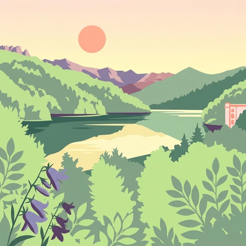 Stylized illustration showing a lake surrounded by green mountains with purple flowers in the foreground and a setting sun