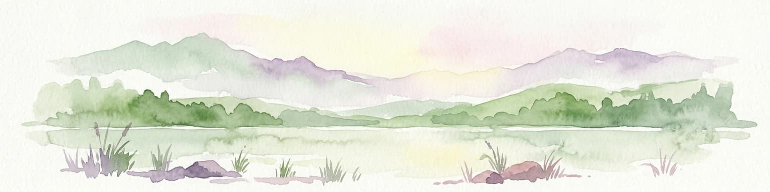 Watercolor illustration of a lake surrounded by greenery with mountains in the background
