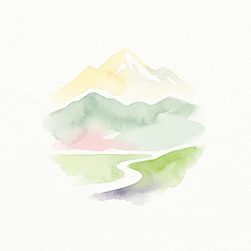 Pintura de acuarela de una cordillera con una carretera sinuosa a través de valles verdes