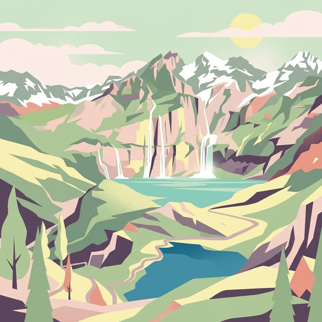 Stylized illustration of mountain landscape with waterfalls, lakes, and pine trees under a sunlit sky