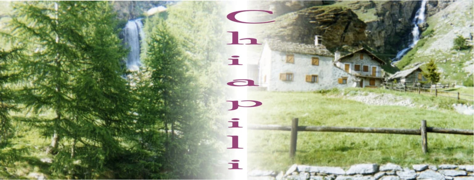 A landscape view of Chiapili with a traditional alpine house, wooden fence, green trees, and a waterfall in the background