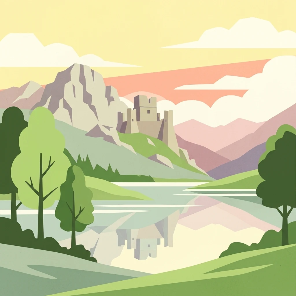 Stylized illustration of a landscape with a castle, lake, mountains, and trees