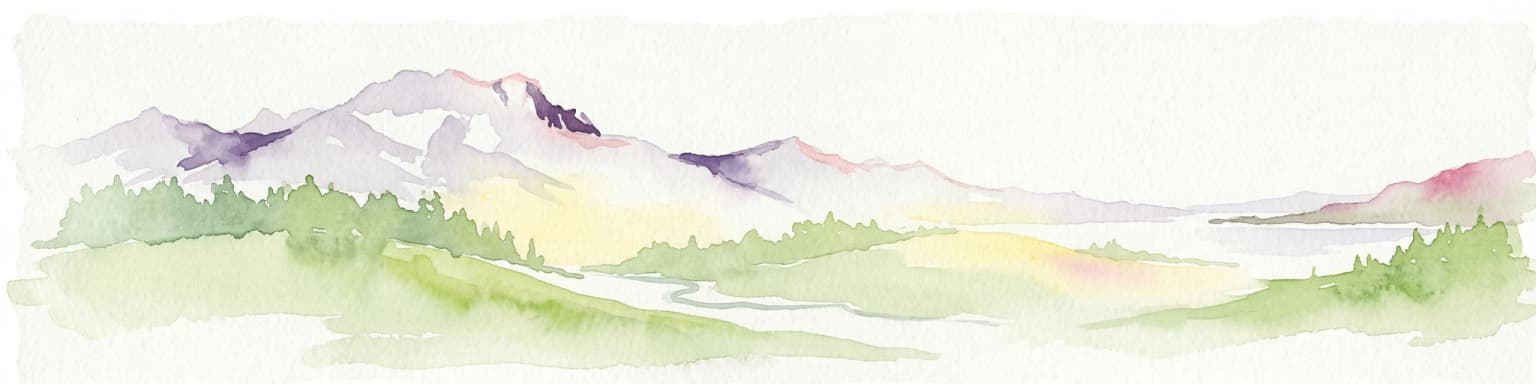 Watercolor painting of mountains, green valleys, and a river