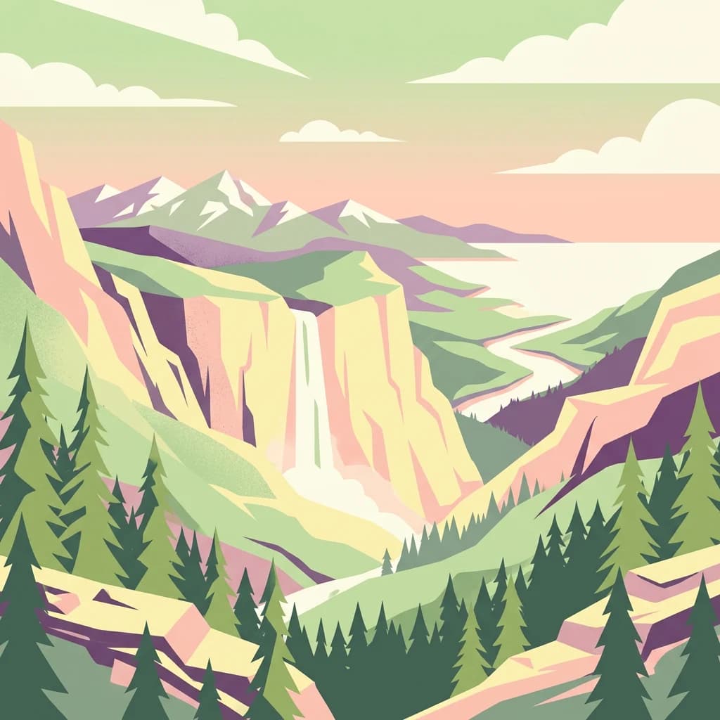 Stylized illustration of a mountain landscape featuring a waterfall, river valley, pine trees, and snow-capped mountains
