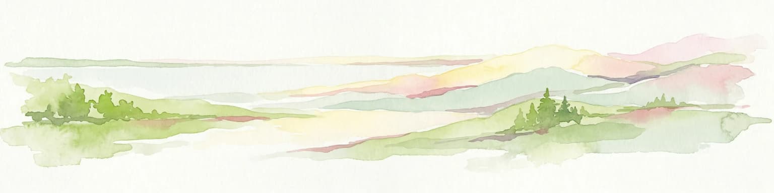 Watercolor illustration of a landscape with rolling hills, a body of water, and greenery