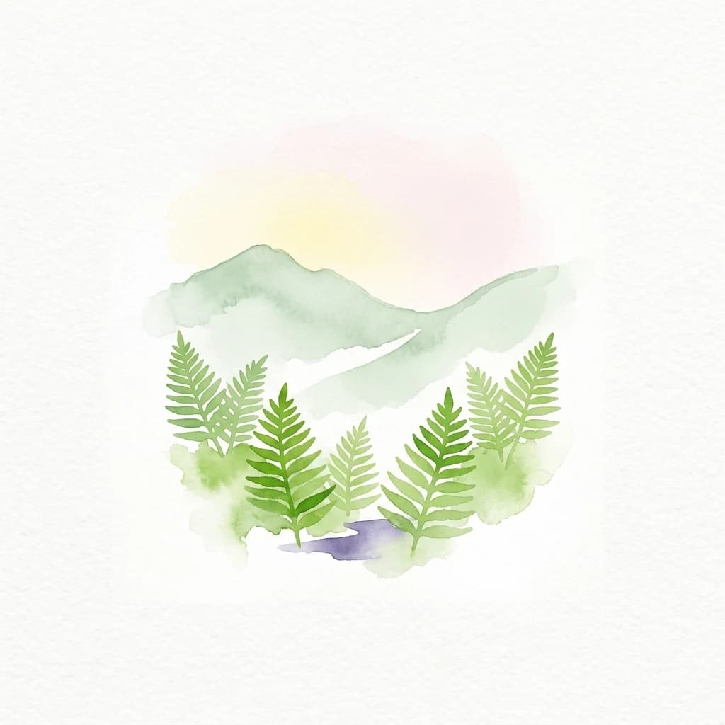 Watercolor painting showing green ferns in the foreground with mountains and a pastel sky in the background