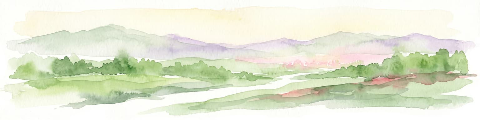 Pintura de acuarela de un paisaje montañoso con valles verdes y picos lejanos.