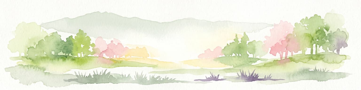 Una ilustración horizontal en acuarela de colinas onduladas, árboles con follaje suave en tonos rosa y verde, y un primer plano herboso contra un fondo montañoso pálido y brumoso.