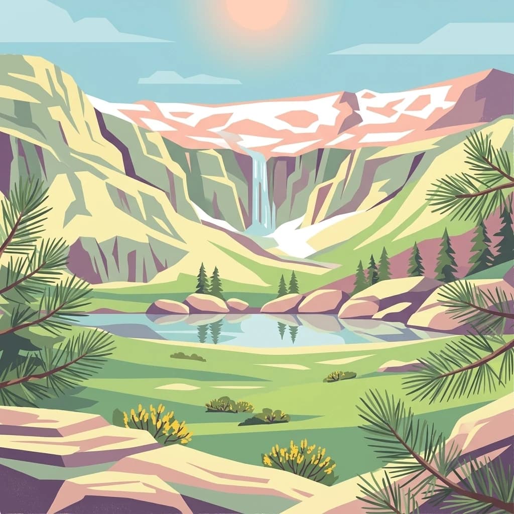 Illustration of a mountainous landscape featuring a waterfall, lake, pine trees, and rocky terrain