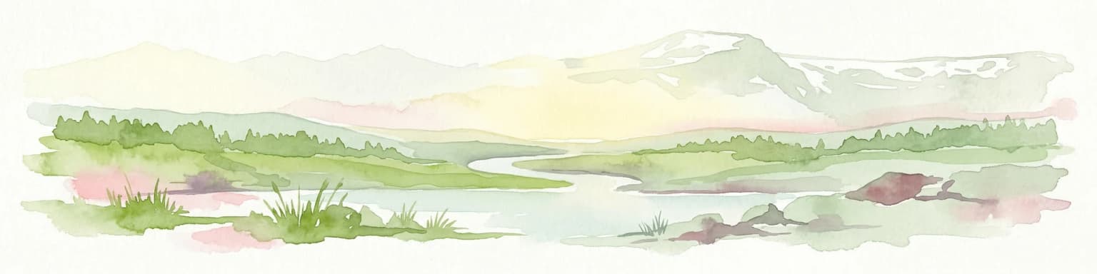 Watercolor illustration depicting a mountain range, river, and green vegetation under a light sky