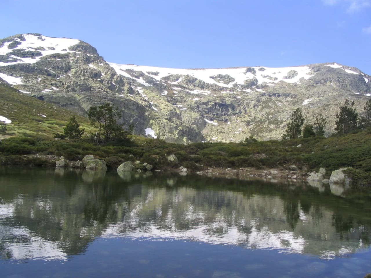 Snow-capped mountain peak and glacial cirque reflecting in a calm mountain lake under clear blue sky
