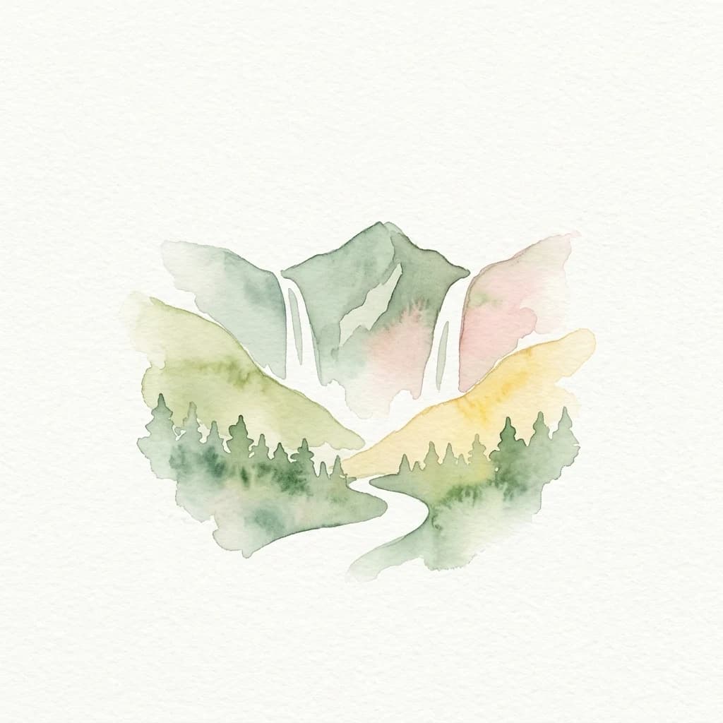 Watercolor illustration of mountainous landscape with waterfalls, forested areas, and a winding path