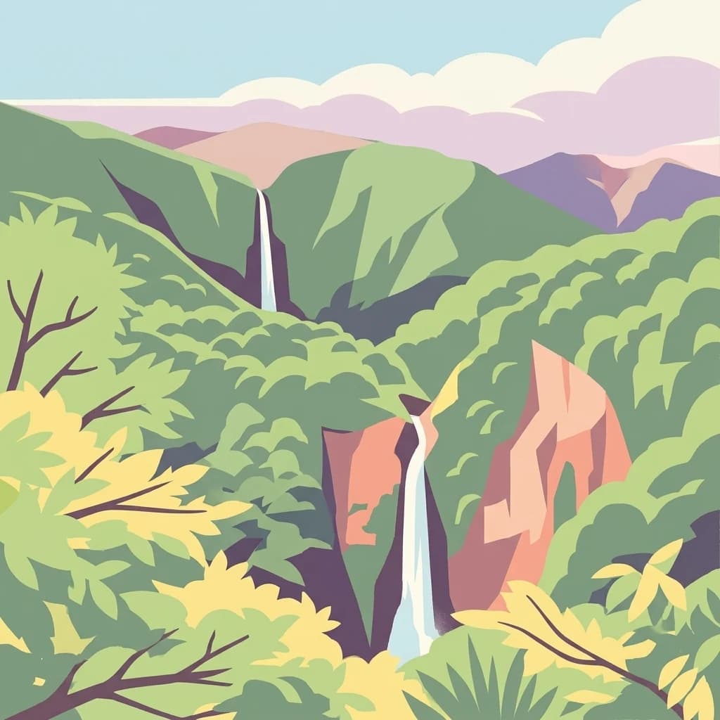 Stylized image of two waterfalls flowing through dense green forest with rocky cliffs, set against rolling mountains and a light blue sky with pink clouds