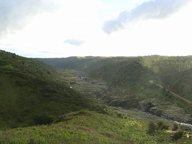Wide landscape view of the Guadiana River winding through a lush green valley with rolling hills under a partly cloudy sky.