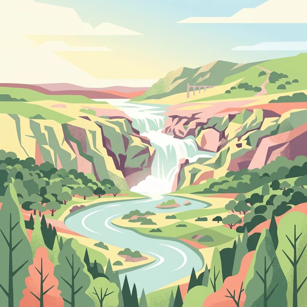 Illustration showing a river with a waterfall, surrounded by mountains and forests