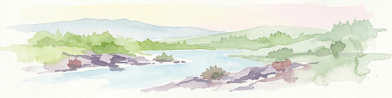 Watercolor illustration showing a river flowing through a valley with hills and vegetation