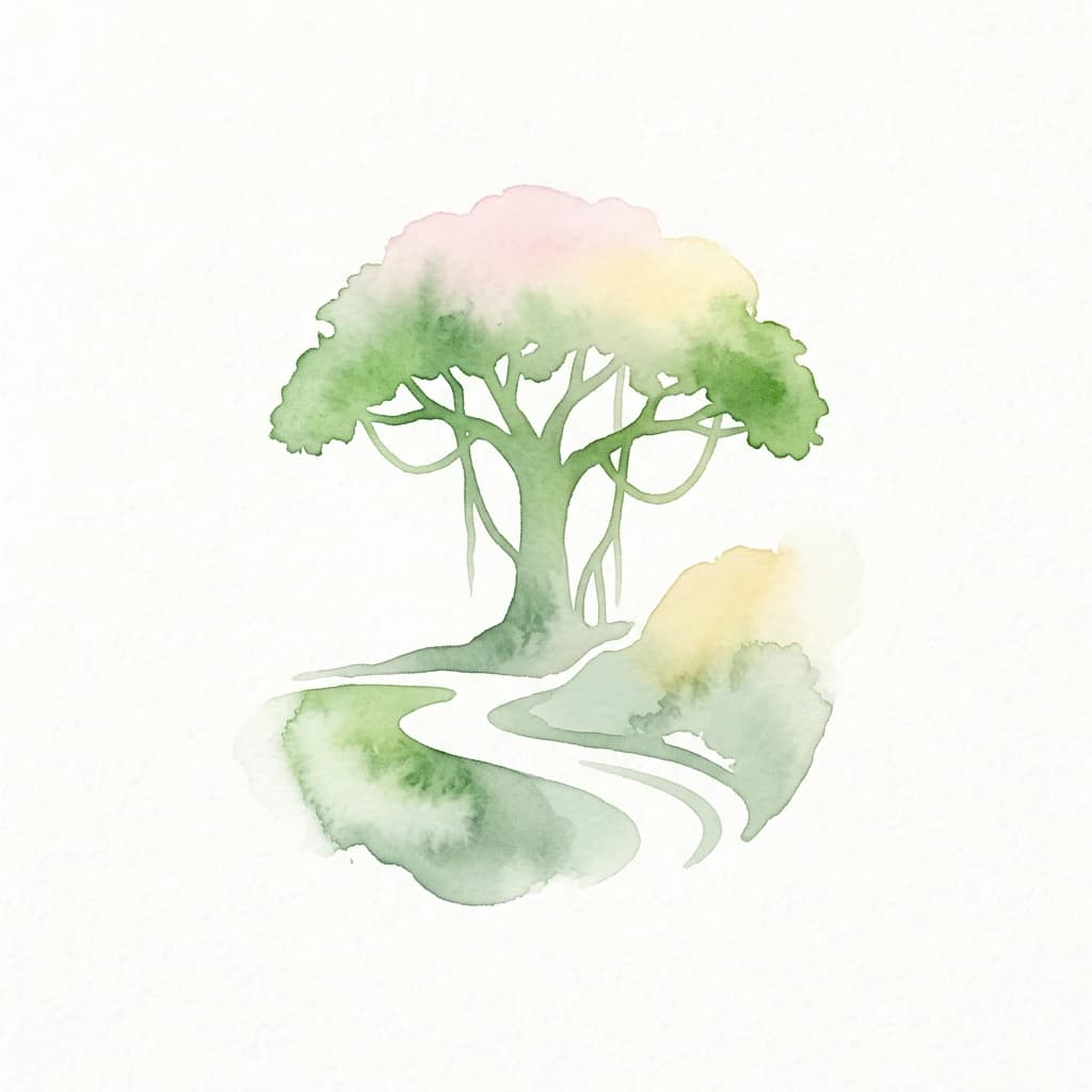 Ilustración en acuarela de un árbol grande con follaje verde, un sendero sinuoso y colinas al fondo