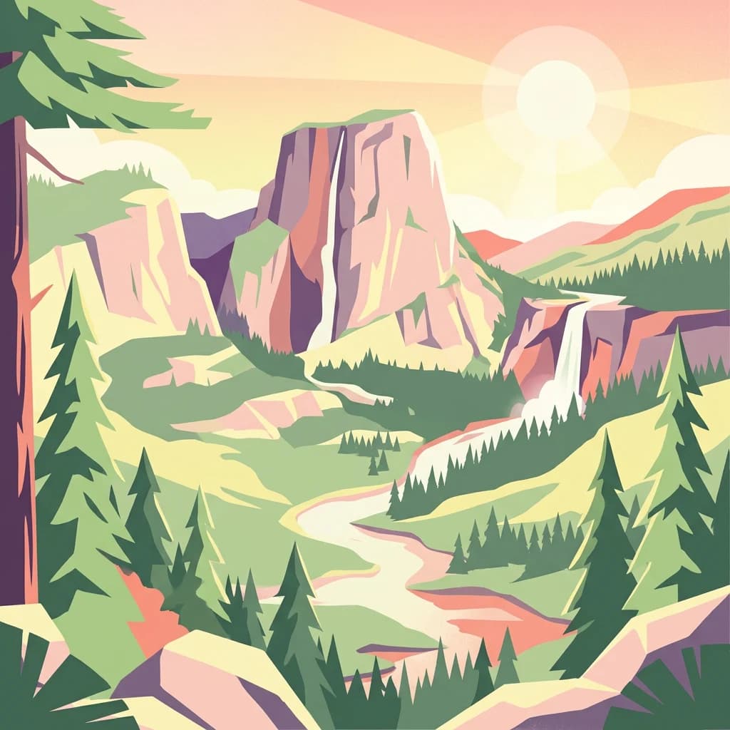 Illustration of a mountainous rainforest scene featuring waterfalls, a winding river, and evergreen trees under a bright sky