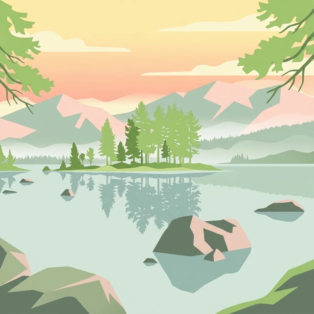 Illustrated landscape showing a lake with rocky islands, forested trees, and mountains under a sunset sky