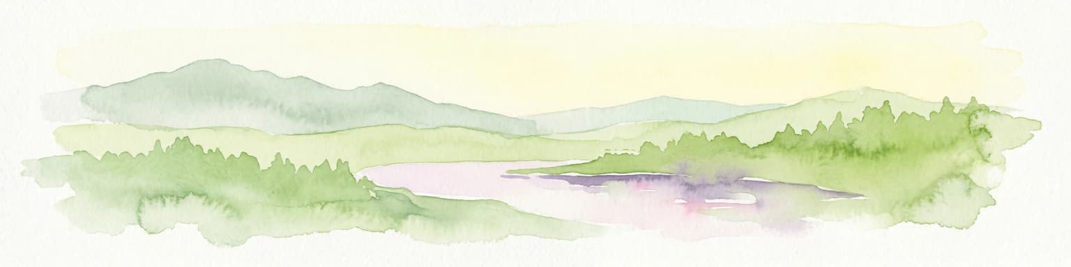 Watercolor illustration showing green forests, a lake, and distant mountains under a light sky