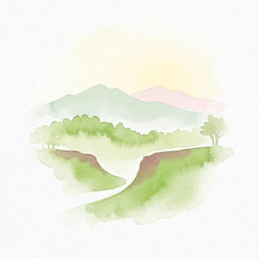 Watercolor illustration of green hills, a winding path, and mountains under a light sky