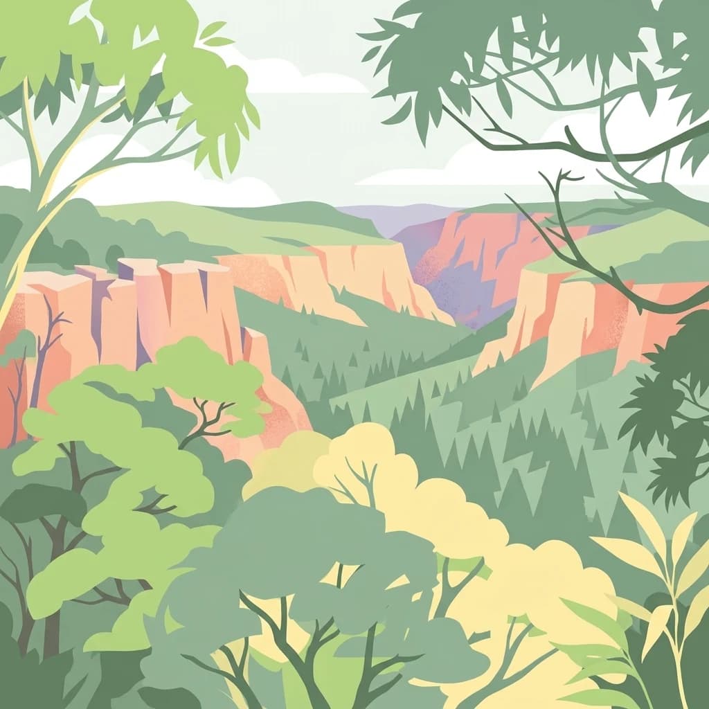 Stylized illustration of a canyon with red rock cliffs and forested areas