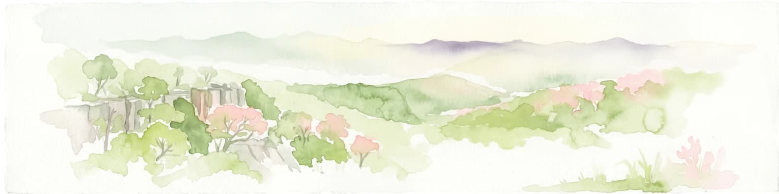 Ilustración acuarela de colinas onduladas, bosques verdes y árboles con flores rosas