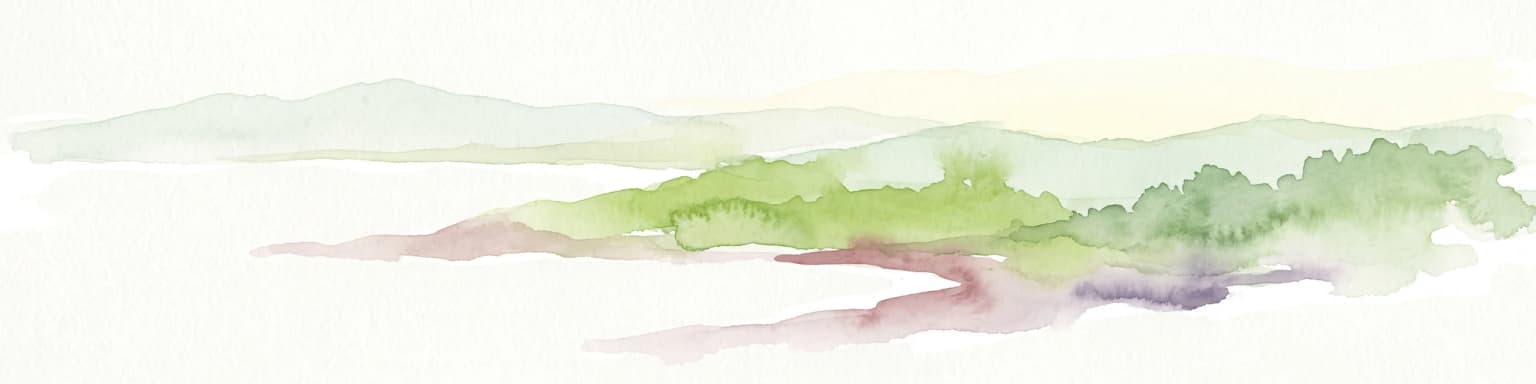 A pale, minimalist watercolor painting showing soft green hills and a gentle shoreline against a white background.