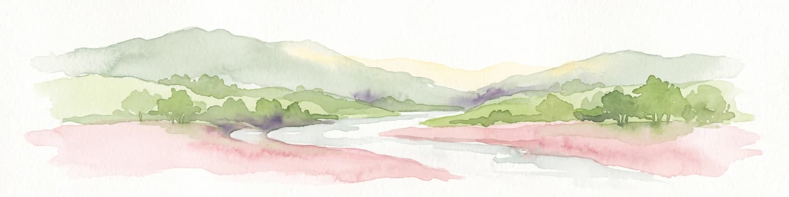 Watercolor painting of a tranquil wetland landscape featuring a winding river, green shoreline vegetation, and soft, rolling hills in the background against a white backdrop.