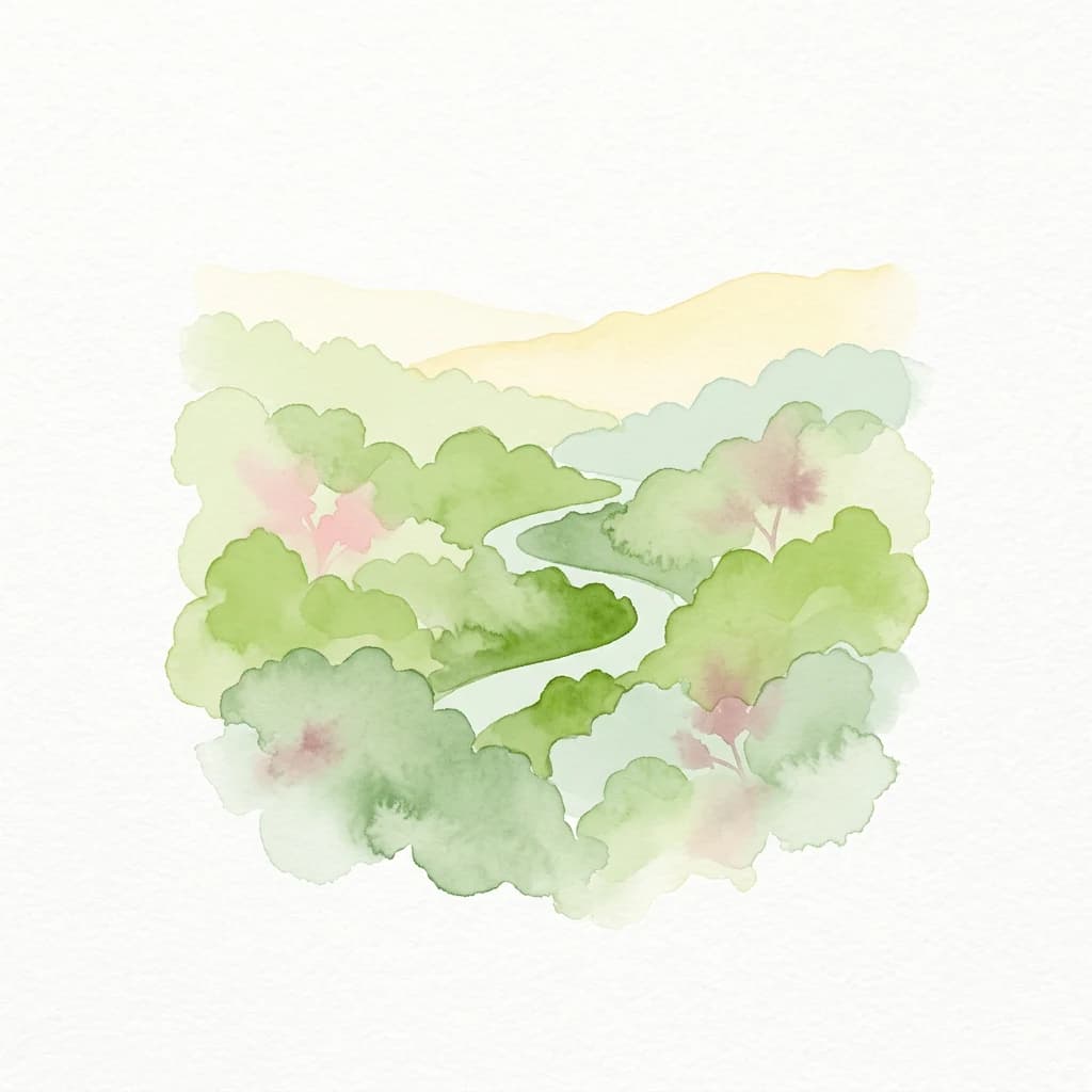 Watercolor illustration of a winding river through a forested landscape with green and pink foliage