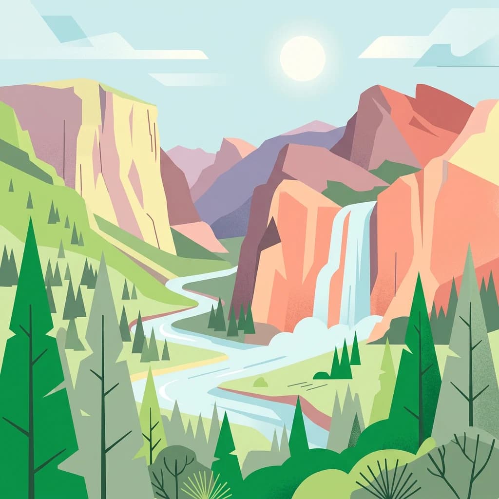 Illustration showing a mountainous landscape with a river, waterfall, and forest.