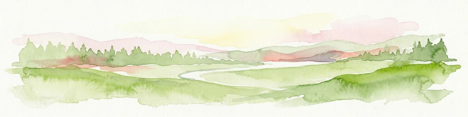 Watercolor illustration of a landscape featuring green fields, trees, a river, and distant hills under a pale sky