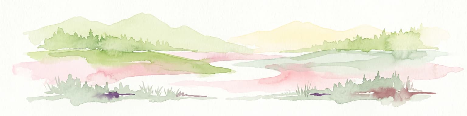 A watercolor painting of a rolling, forested landscape with soft green and pink tones, featuring gentle hills and vegetation.