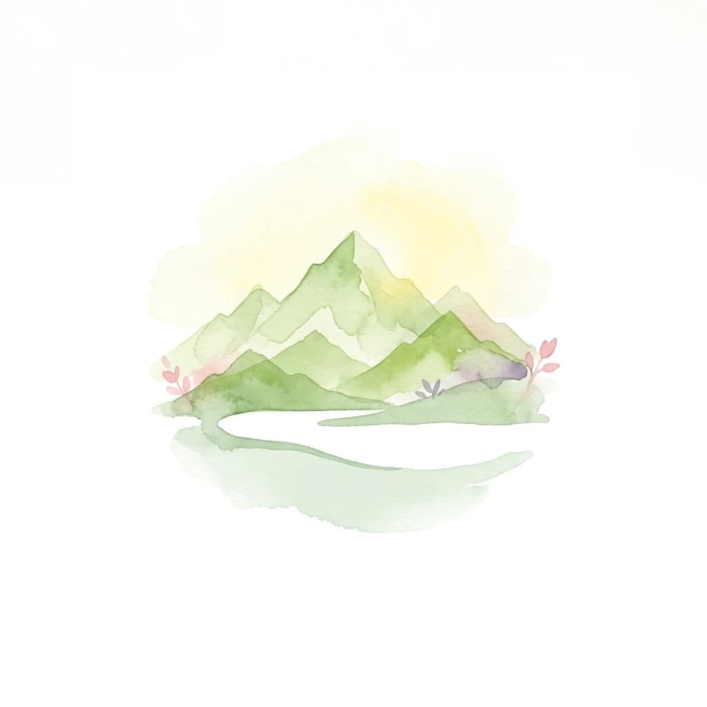 Watercolor illustration of green mountains with a lake in the foreground and pink flowers