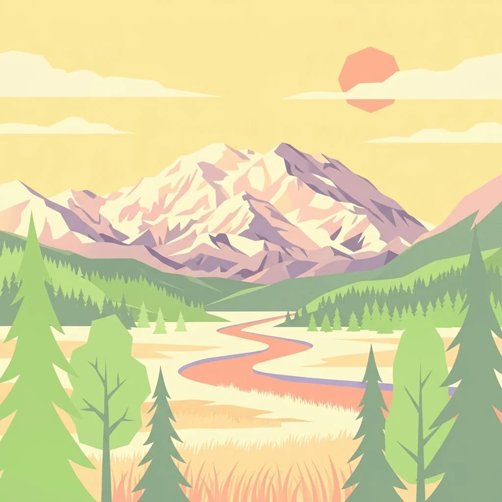 Stylized illustration of snow-capped mountains, winding river, and pine trees