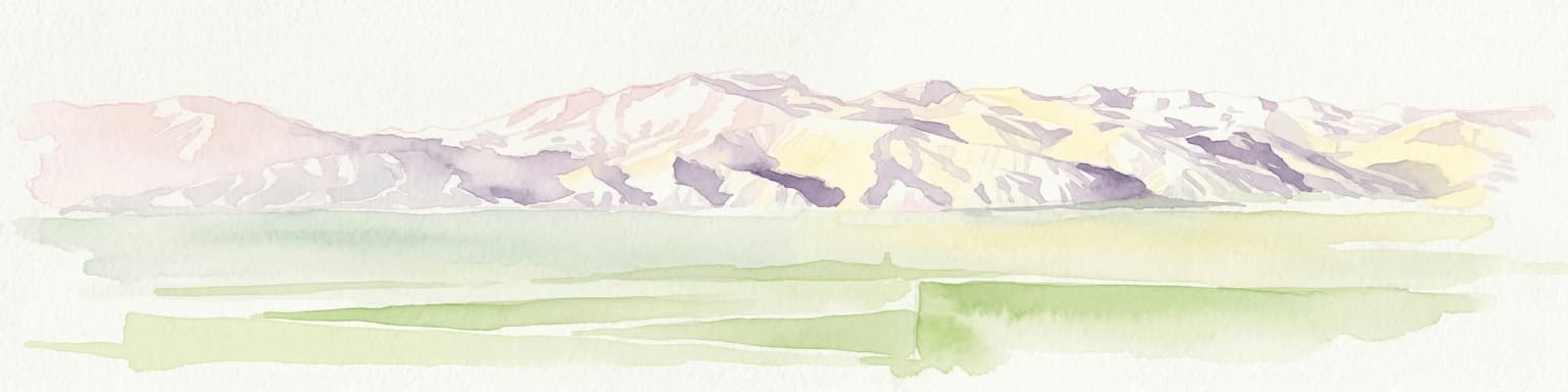 Watercolor painting showing mountain ranges with green and yellow color washes