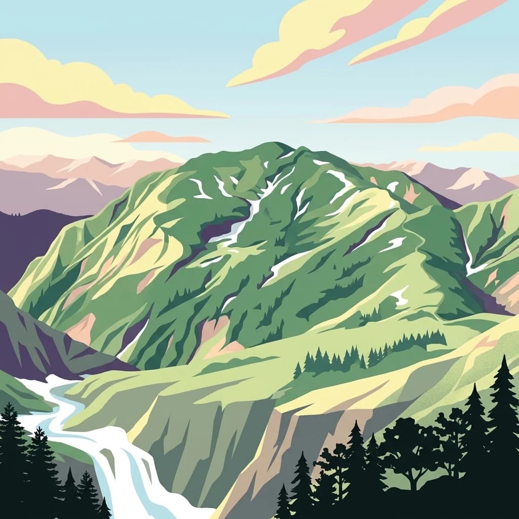 Ilustración estilizada de una cordillera con laderas verdes, un río serpenteante y árboles en primer plano. Se aprecian montañas distantes y nubes coloridas al fondo.