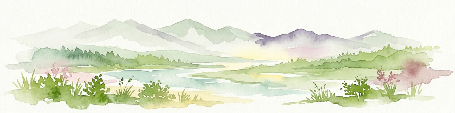 Watercolor illustration of a mountain landscape with a lake, grasses, and flowers