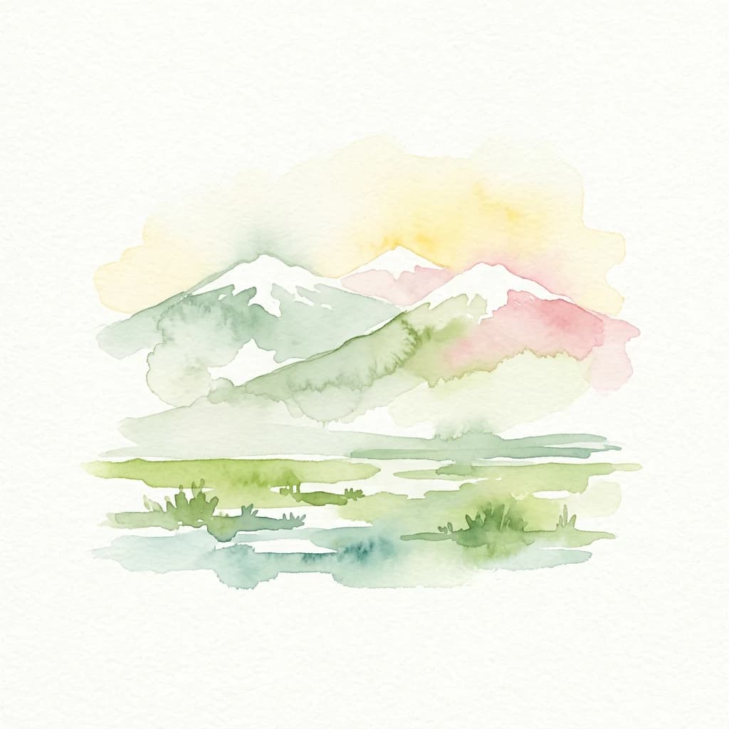 Watercolor illustration of snow-capped mountains, green valleys, and a lake under a pastel sky