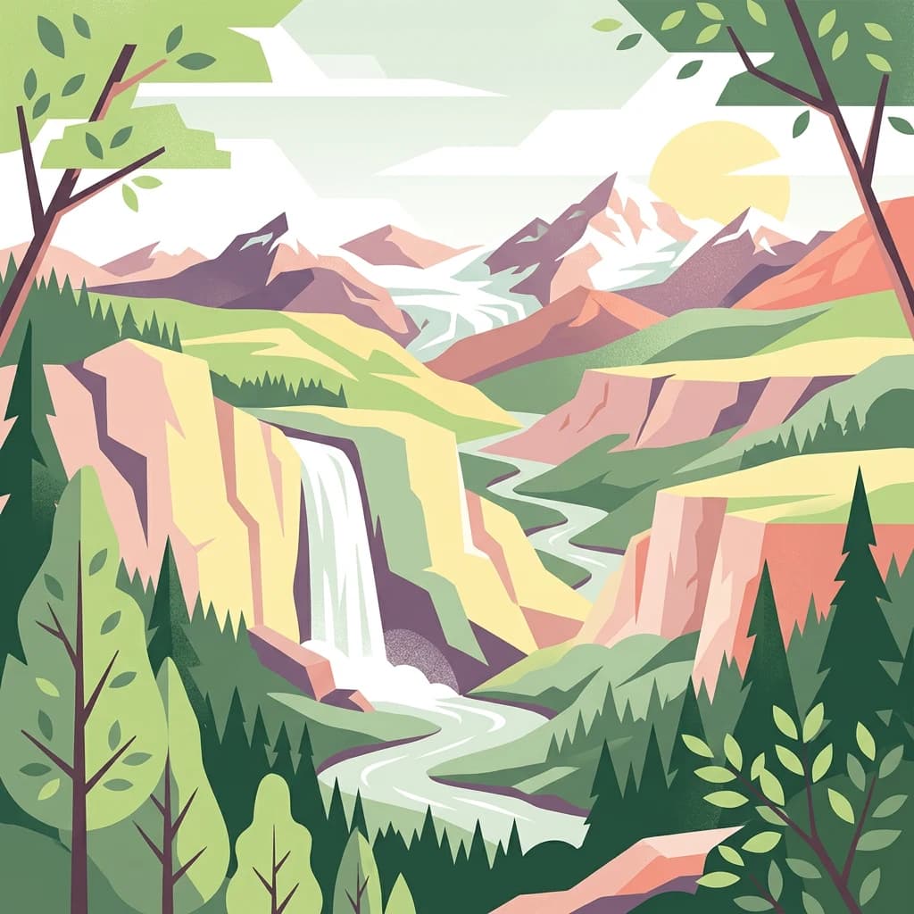 Stylized illustration of a mountainous landscape with a waterfall, river, forested areas, and snow-capped peaks under a sunlit sky