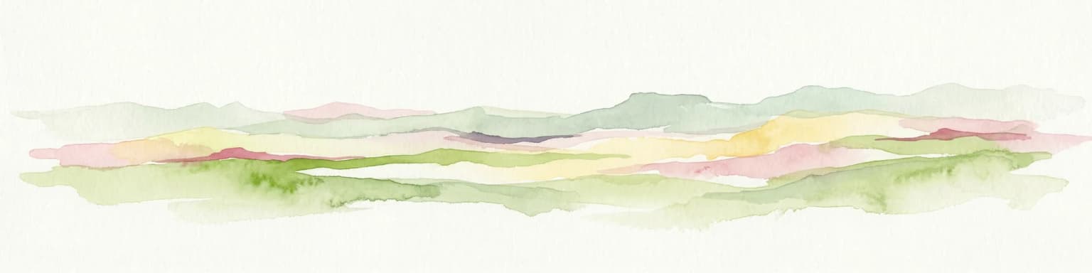 Abstract watercolor landscape with soft pastel hues of green, pink, yellow, and purple