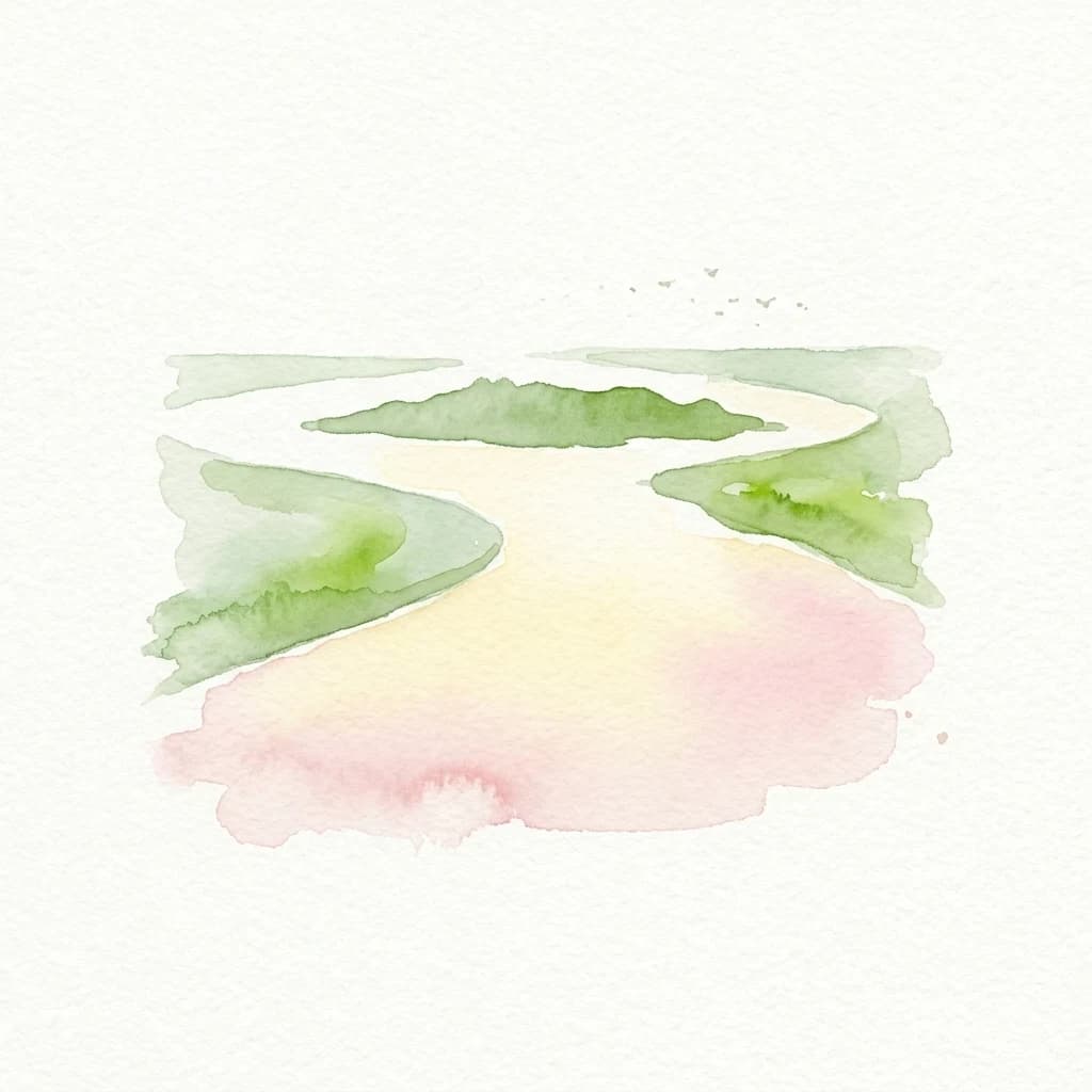 Watercolor painting of a winding river with green and pink hues flowing through marshy areas