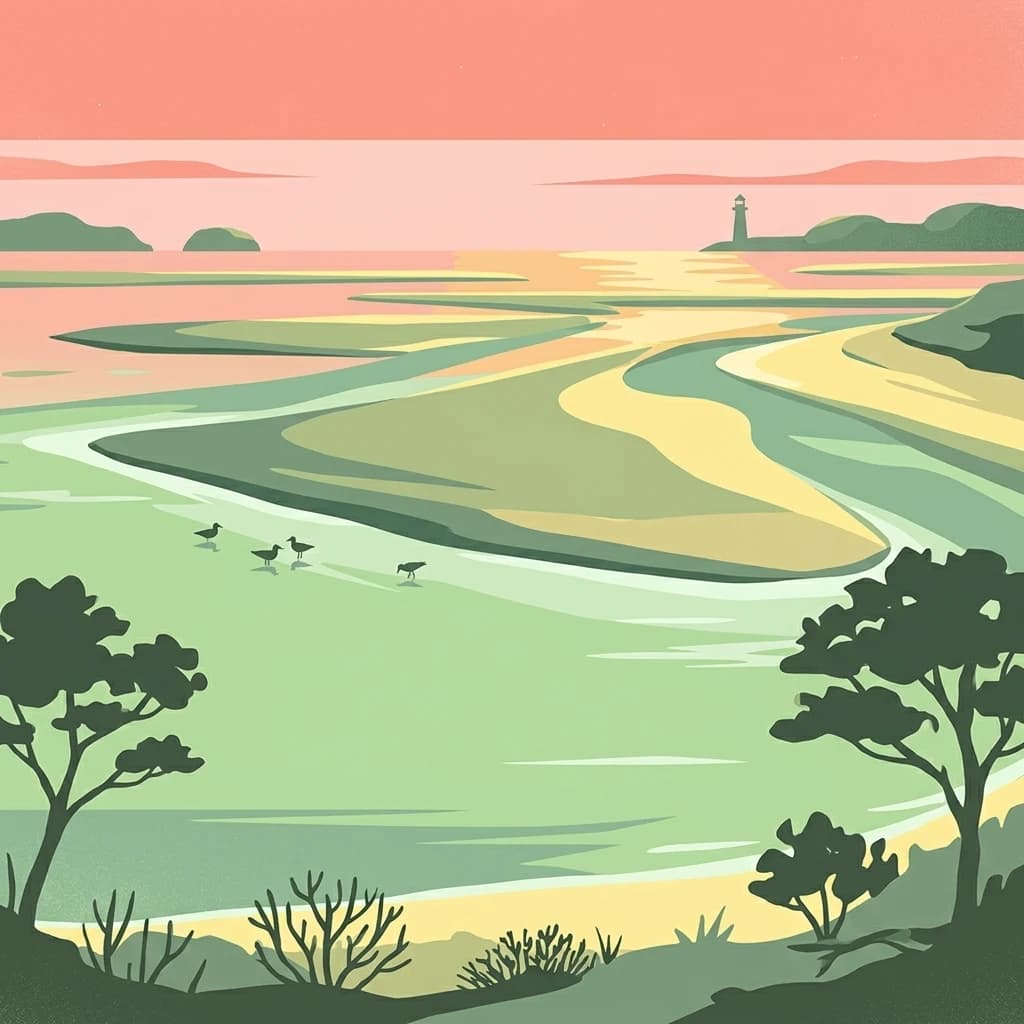 Illustrated coastal landscape showing tidal channels, sandbars, and a lighthouse in the distance