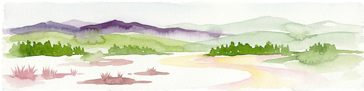 Watercolor painting of a landscape with a winding river, green hills, and scattered vegetation under a pale sky