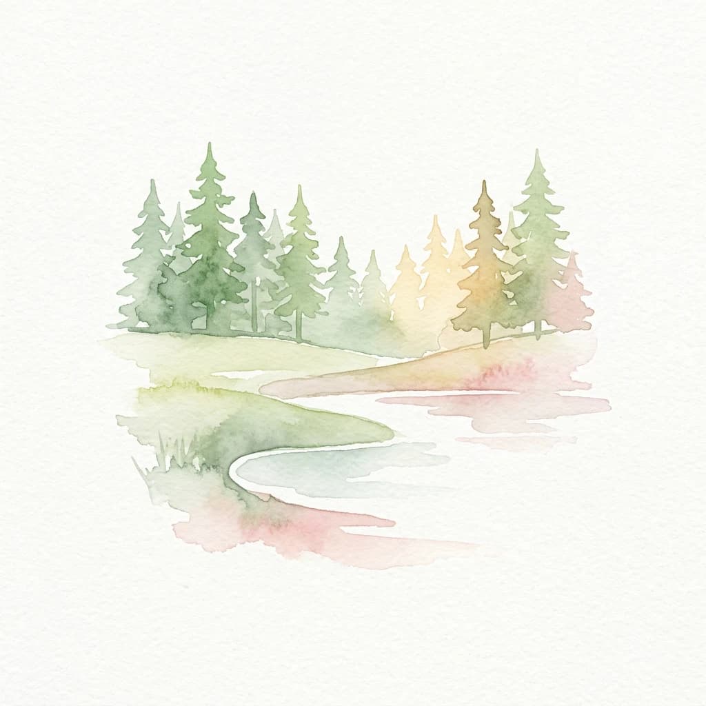 Watercolor illustration showing trees, a river, and reflections in water